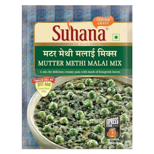 Suhana Madre Methi Malai Mix 6 x 50 g – Mezcla preparada de plato indio – Vegetariano y cremoso – Mezcla de condimentos con fenogreco y guisantes con Kajal