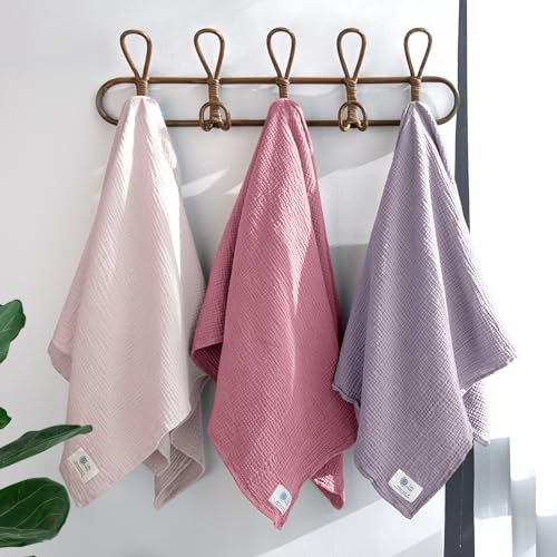 Image of lulumoon Muslin Swaddle Blanket Baby - Cotton Swaddling Blanket Soft Baby Receiving Blankets Neutral 3Pack(Pink+Purple)
