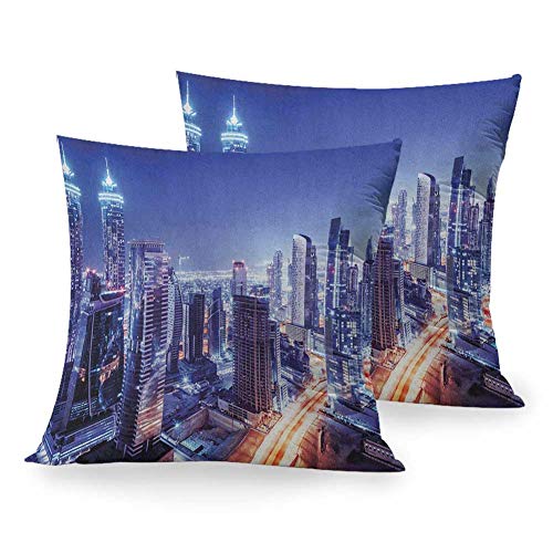 Matt Flowe Decorative Pillowcase City,Dubai Downtown UAE Night Scenery Modern High Rise Buildings Travel Destination, Violet Blue Orange Home Sofa Outdoor Decor Square Pillowcase W 16" x L 16"