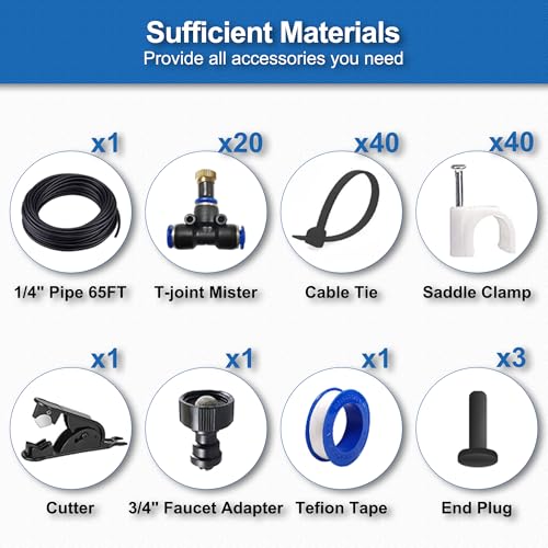 Outdoor Misters for Patio Cooling, Misting System 65Ft (20M), Water Misters for Cooling Outdoor, Backyard, Garden, Greenhouse, Umbrella, Deck, Canopy, Pool, Porch, Gazebo, Trampoline, BBQ Accessories