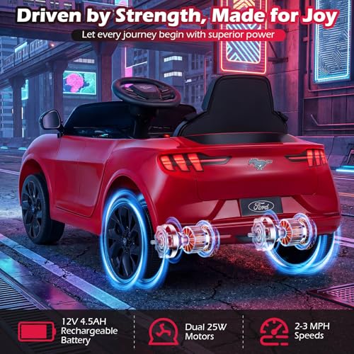 Image of Costzon Ride on Car, 12V Licensed Ford Mach E Kids Electric Vehicle with Parent Control, LED Lights, Horn, Music, Wireless Connection & Spring Suspension, Kids Car Toy for Girls Boys (Red)