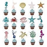 60 PCS Glitter Mermaid Cupcake Toppers,Starfish Coral Mermaid Tail Octopus Seahorse Jellyfish Cupcake Picks Under the Sea Party Cake Decoration Supplies
