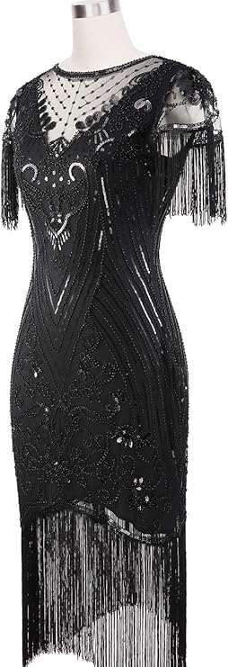 867A - Plus Size 1920s Vintage Fringed Gatsby Sequin Beaded Tassels Hem Flapper Party Prom Cocktail Dress with Accessories3