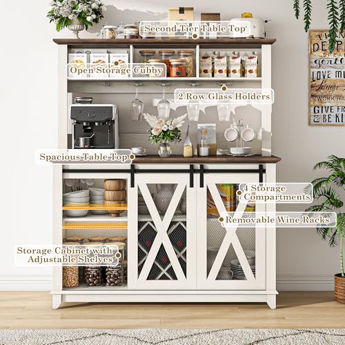 Image of 47 inchWide 56 inchH Farmhouse Coffee Bar Cabinet with Power Outlet and LED Light,Wine Bar Cabinet w /3 Storage Hutch,Kitchen Buffet Cabinet with 10 Wine and Glass Racks for Kitchen Dining Room(Antique White)
