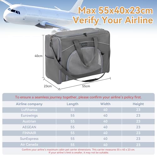 Petsfit Hundetasche Flugzeug 55x40x23 & Flugtasche Hund | Transportbox Katze | Transporttasche Hund Katzen | Sicherer Transport in Auto, Flugzeug und Bahn,mit 2 Platzierung-Methode, L//Grau