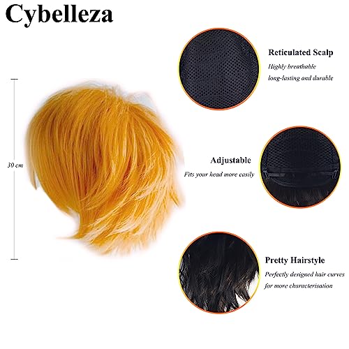 Cybelleza Short Orange Wig Unisex Anime Cosplay Wig for Women / Men Synthetic Curly Straight Wig Fancy Dress Layered Fluffy Halloween Costume Party Carnival Wig with Free Cap - Image 2