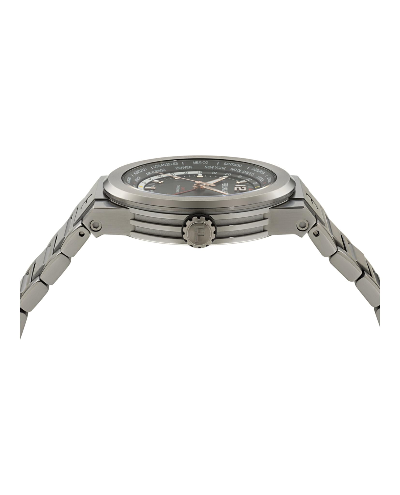 Ferragamo F-80 GMT Worldtime Collection Luxuriöse Herren-Armbanduhr mit grauem Armband mit Waffenetui und schwarzem Zifferblatt