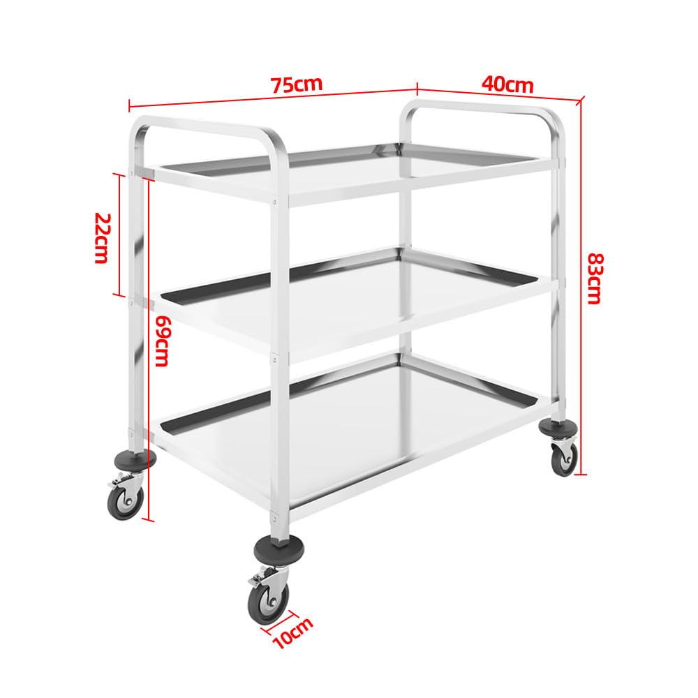 BLV Carrello da servizio in acciaio inox a 3 ripiani con ruote, carrello da cucina in acciaio inox, per hotel, ospedali, scuole (75 x 40 x 83 cm)