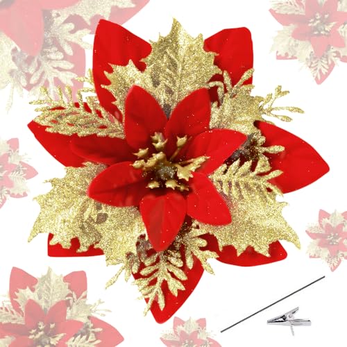 Roqueen 15 Piezas 14CM Flores Artificiales de Navidad Poinsettia Parpadeo con Clips Tallos Árbol de Navidad Adornos para Guirnalda Fiesta Boda Año Nuevo Decoración (Rojo Oro)
