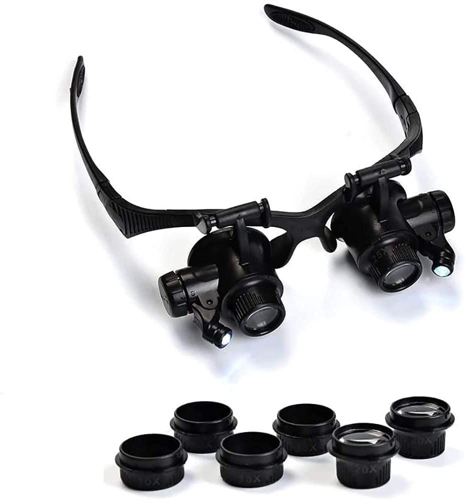Lupas Dentales, Lupas para Joyeros Y Relojeros - Lupas Binoculares - Lupa De Diadema - Lupa De Cabeza - con 2 Luces Led Y 4 Lentes Intercambiables 10X/15X/2