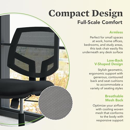 Image of HON Volt Ergonomic Office Chair with Mesh Back, Armless Fabric Desk and Computer Chair with Center‑Tilt Recline and Wheels for Home Office or Workstation, Black