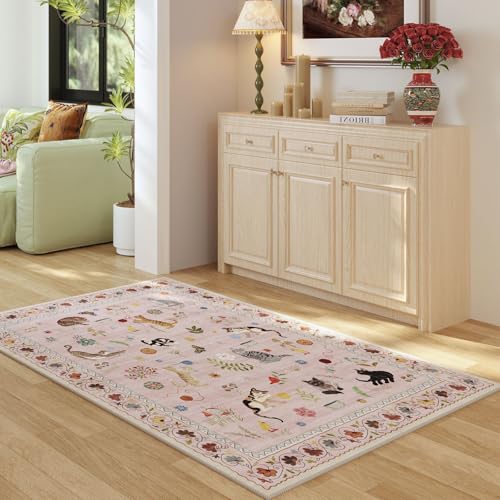 Bedroom Rug 3x5 Rug Washable Area Rug Non Slip Low Pile Boho Floral Animal Cat Small Carpet for Bedroom Bedside Kitchen Entryway Kids Room Office College Dorm Essentials for Girls, Pink