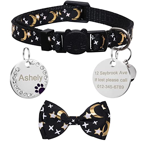 CAMAL Personalized Cat Collar with Name Tag & Bow, Black