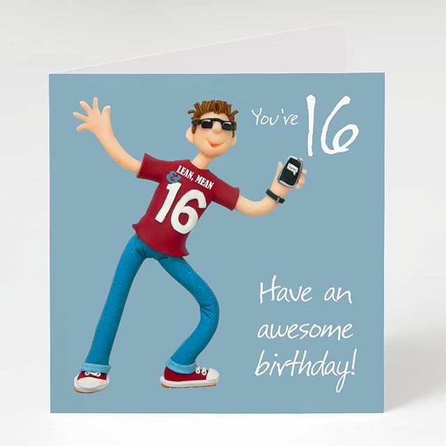 A 15cm square 16th birthday greetings card by artist Erica Sturla, for a boy on his sixteenth birthday. Blank inside for your own message