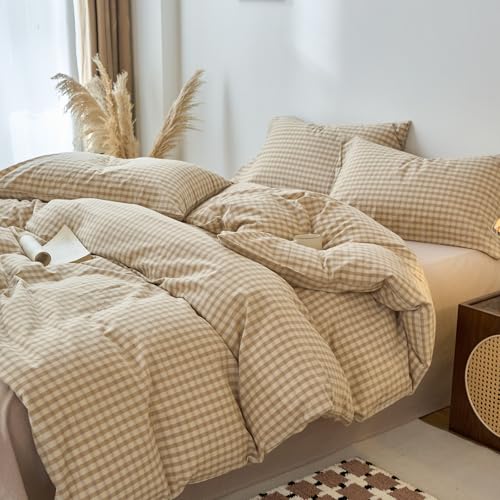 Image of EAVD Vintage Style Brown&Beige Plaid Duvet Cover Full Soft 100% Washed Cotton Chic Checkered Gingham Bedding Set with 2 Pillowcases Farmhouse Brown Gingham Duvet Cover with Zipper Closure
