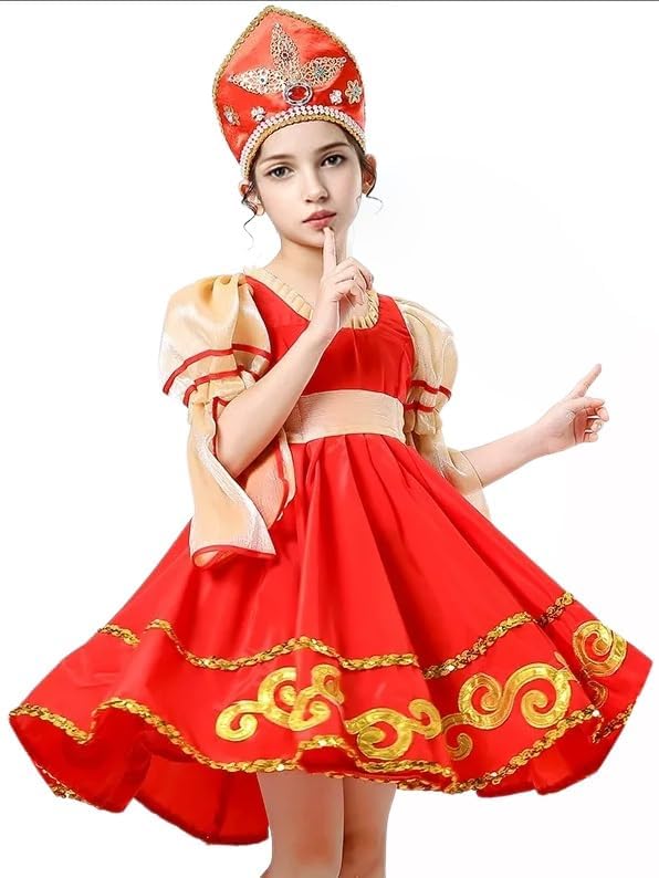 Girls Russian Traditional Dance Dress.Puff Sleeve Performance Outfit