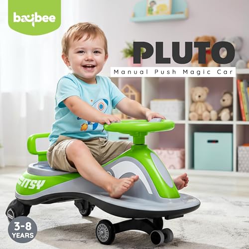 Image of Baybee Pluto Baby Swing Cars for Kids | Twister Ride on Baby Car with Led Lights, Music & Scratch Free PP Wheels | Push Ride on Toy Kid Car | Magic Cars for Kids 3 to 8 Years Boy Girl (Green)