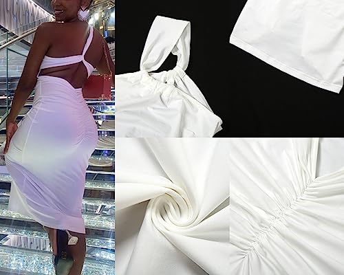 Image of Suillty Women's Sexy Oblique Shoulder Backless Maxi Dress Ruched Back Strap Sleeveless Party Club Long Dresses Bodycon