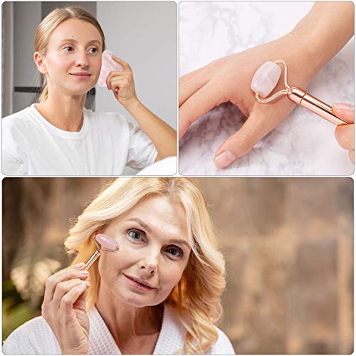 Facial Roller,4 in 1 Rose Quartz Facial Jade Roller & Massager, 4 Changeable heads Facial Skin Care Tools for Face Roller, Eye, Neck, Body