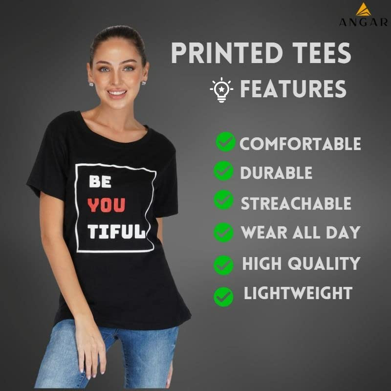 Image of ANGAR Womens Printed Cotton T - Shirt Casual Short Sleeves Tees