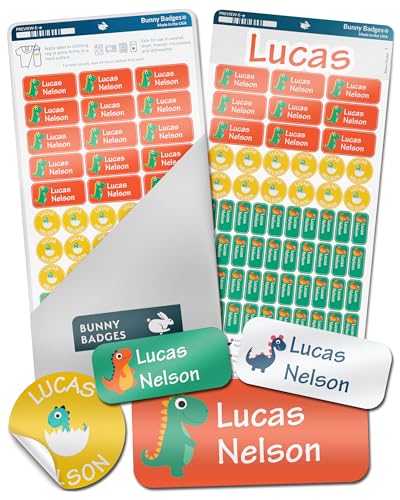 Bunny Badges Personalized Daycare Name Labels for Kids (130 Labels) - Custom Waterproof Name...