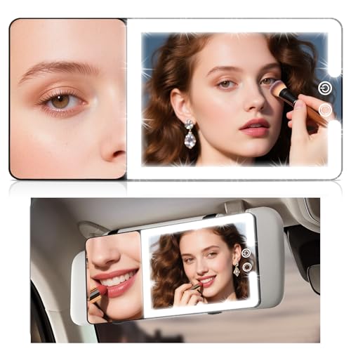 Car Sun Visor Vanity Mirror with Lights & 20X Magnification, Led Light up Makeup Mirror for Sun Visor, Rechargeable 3 Colors Dimming Light, Universal Accessories for Car SUV Truck