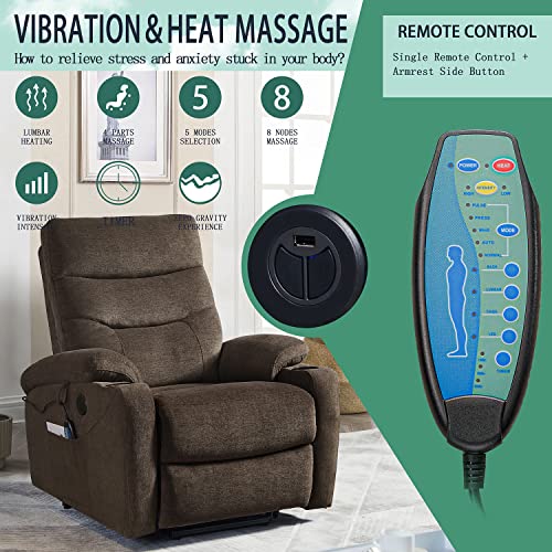 Pug258Y Power Lift Chair For Elderly: 9968 High Density Foam Lift Electric Recliner With Heat And Massage, Reclining To 170, 1 Remote Control, Okin Motor - Dark Brown #TOP1