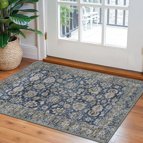 Tapete Floral Azul 2x3 Pies Antideslizante y Lavable miniatura 1