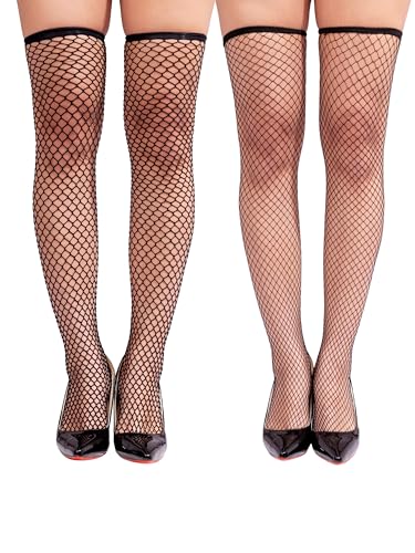 Image of Sacina Set 2 Pairs of Black High Fishnet Thigh Stockings, Black Stockings for Women, Gothic Accessories