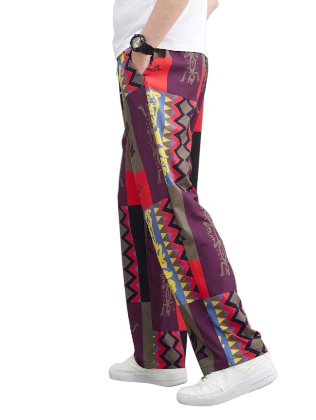 Men's Multicolor Printed Wide Leg Pants – Boho Style Loose Fit Straight Leg Trousers with Drawstring Waist and Pockets4