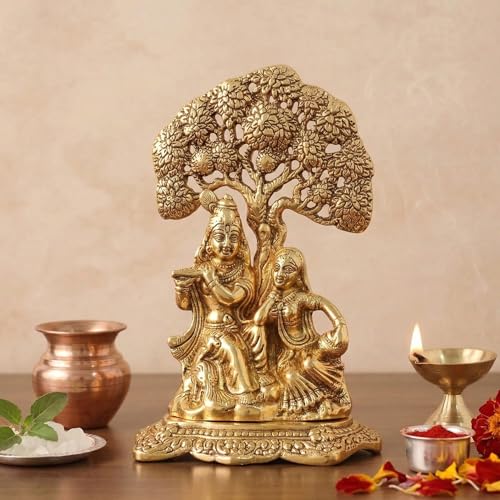 Image of KridayKraft Metal Lord Radha Krishna Tree Idols Hindu God Radha Krishna Ji Murti for Home Temple Puja and for Home Office Shop Decorative God Idols Showpiece