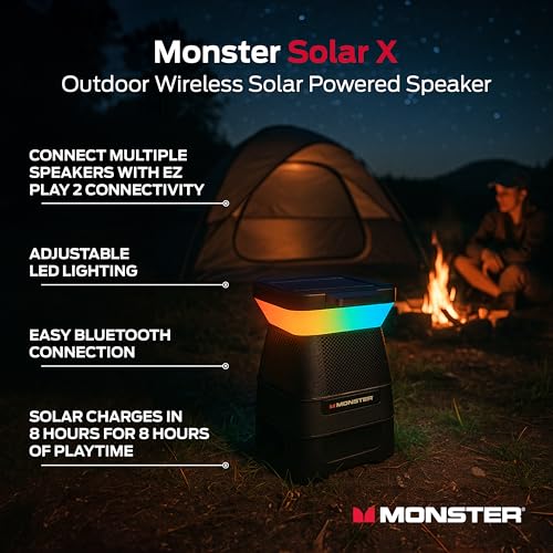 Monster Solar X Speaker - Bluetooth Wireless Solar Powered 360 Degree Sound with LED, Easy Connect, 8 Hours of Playtime and 30W Bass