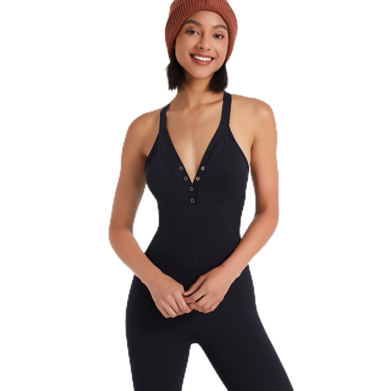Mono deportivo de yoga de una pieza para mujer negro,Mono sin mangas con escote en V y espalda de belleza,Ropa de gimnasio todo en uno,Jumpsuit Estiramiento transpirable