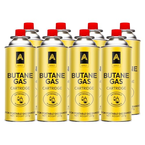 Aspect Camping Gas Canisters for Camping Stove Butane Gas Perfect Suitable for Portable Stove BBQ Gas Heaters Blow Torches Safe and Secure Bottle (Pack of 8)