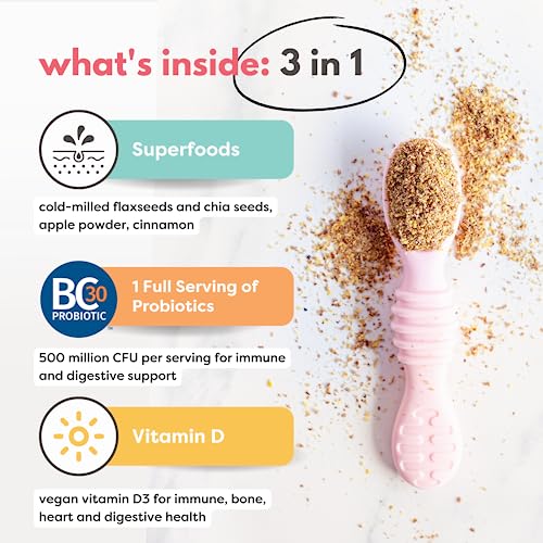 Tiny Sprouts Organic Milled Chia & Flax Seed Digestion Blend + Full Serving Probiotic + Vitamin D3 I Superseed Booster For Babies 6M+ Toddler Kid I Gluten & Dairy Free I Apple & Cinnamon (7Oz X 1Pack) #TOP1