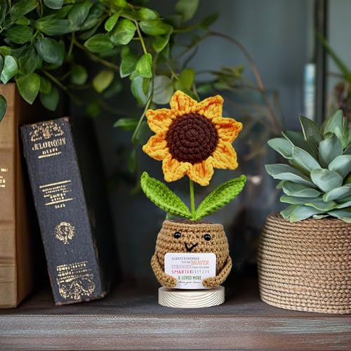 Image of Handmade Positive Sunflower Crochet Doll with Card for Women - Cute with You are Braver, Smarter, Loved Heartfelt Message - BFF Friendship Presents