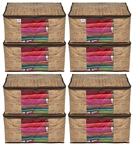 Image of Heart Home Wooden Print 8 Piece Non Woven Fabric Saree Cover /Clothes Organiser For Wardrobe Set with Transparent Window, Extra Large (Brown)