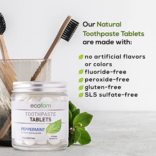 Ecofam Chewable Toothpaste Tablets - 90 Natural Peppermint Tabs - Zero Waste Glass Jar - Fluoride-Free -With Nano Hydroxyapatite - Made In The Usa #TOP3