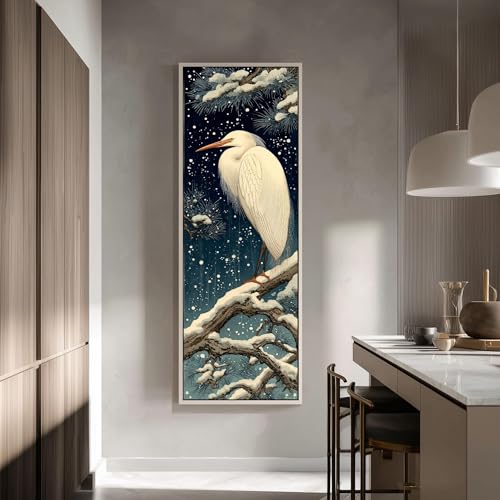 Tableau aigrette blanche art mural vertical japonais Ukiyo-e décoration peinture côtière