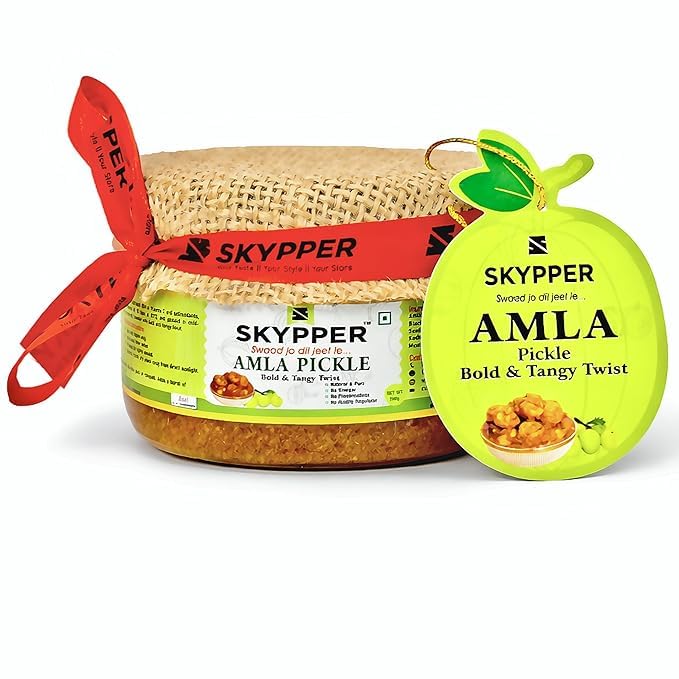 Skypper Traditional Indian Amla Achar | Handcrafted & Sun-Dried 30 Days | Made with Cold-Pressed Mustard Oil | Natural | No Preservatives| Food Graded Glass Jar (200 g, Amla)