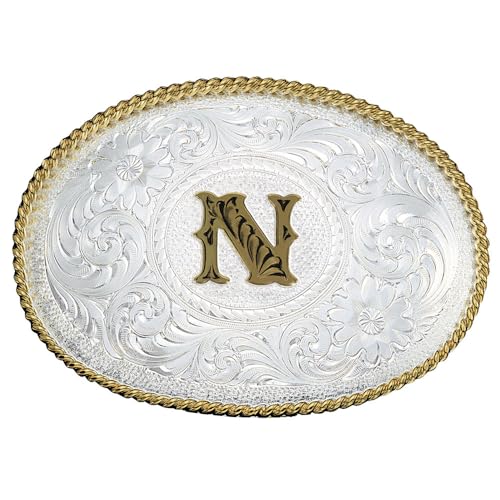 Image of Montana Silversmiths Initial Engraved Gold Trim Western Belt Buckle