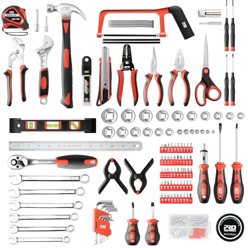 Prostormer 259-Piece Tool Kit, General Household Hand Tool Set with Plastic Storage Toolbox, Portable Complete Repair Tool Box for Home and Car (Red)
