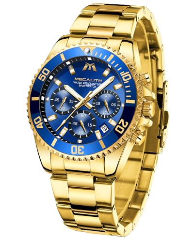 MEGALITH Relojes Hombre Acero Oro - Relojes de Pulsera Grande 43mm Cronografo Fecha Luminosa Moda Lujo Reloj Cuarzo para Hombre Impermeable 3ATM, Regalo Hombr