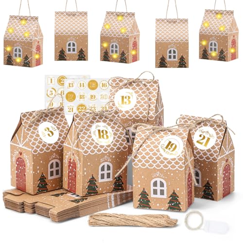 woric DIY Adventskalender zum Befüllen, 24 Adventskalender Häuschen mit Zahlenaufkleber Lichterkette Weihnachtskalender 2025 Selber Basteln