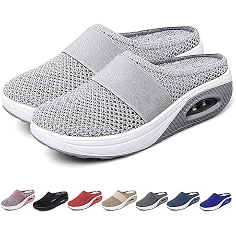 Women's Air Cushion Slip-On Walking Shoes-Orthopedic Diabetic Walking Shoes Breathable with Arch Support Knit Mesh Walking Shoes,Comfort Wedge Platform Loafers Outdoor Walking(Size:39,Color:Gray) Cover