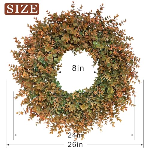 Image of 26 inchArtificial Eucalyptus Wreath with Seed for Front Door Decor(Fall Orange)