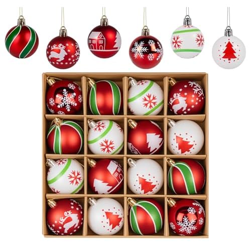 Christmas Tree Ornaments Set of 16, 2.36 Inch Red/Green/White Glitter Shatterproof Plastic Christmas Tree Ball Ornaments, Decorative Hanging Baubles for Xmas Tree Decor Holiday Party Decor R