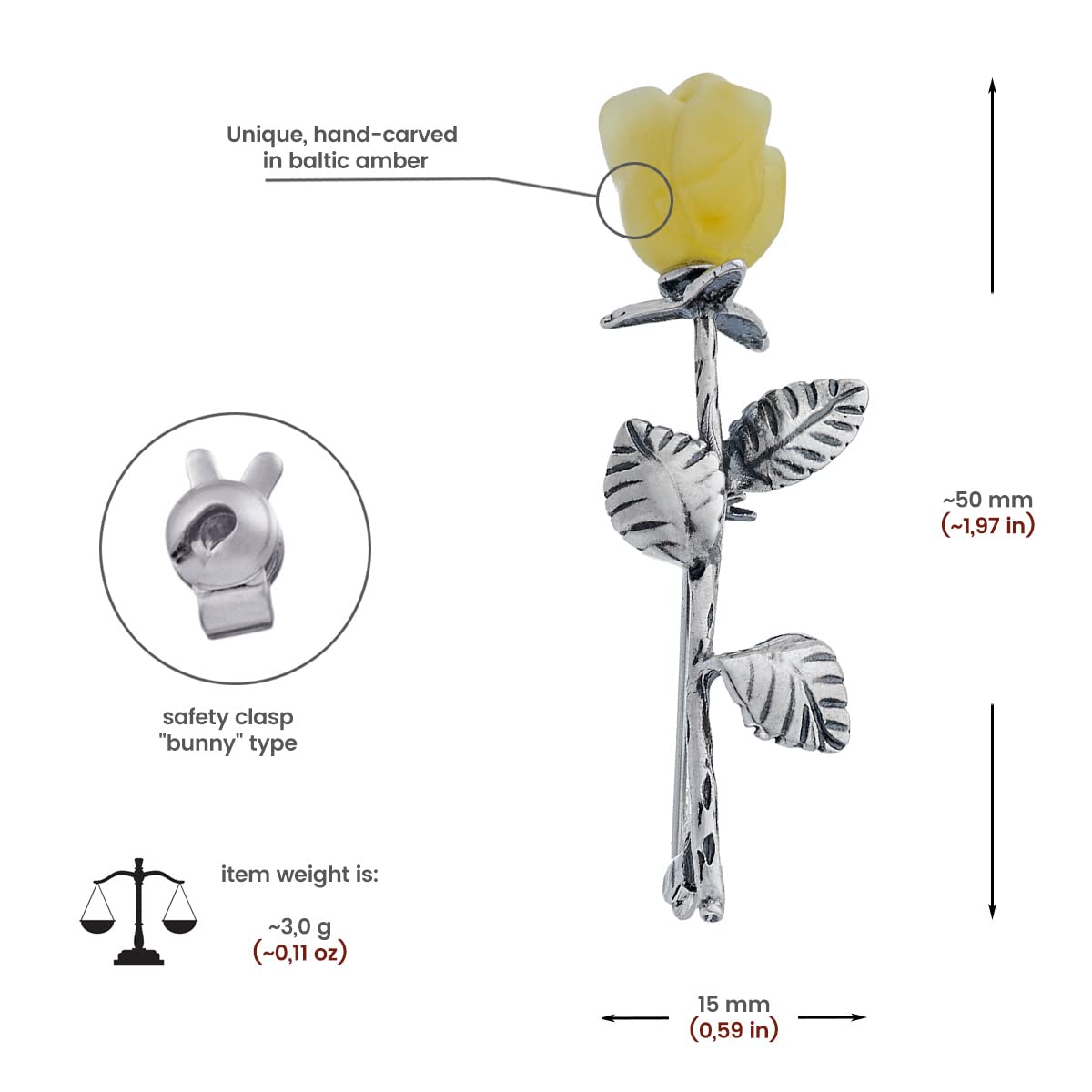 Broche en argent 925 oxydé, ambre rose sculpté à la main, petite broche en argent avec rose ambrée, 3 g, Argent sterling, Ambre