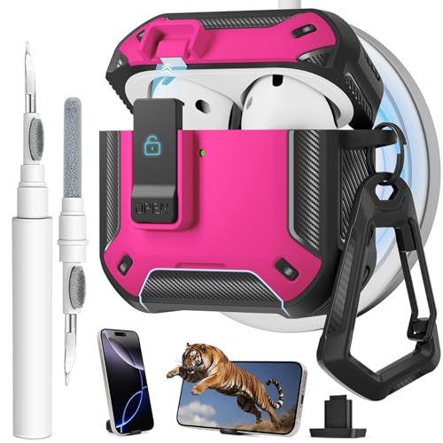 Image of for AirPods 4 Case with Magnetic Secure Lock Clip and Phone Stand, Compatible with Magsafe Charging, with Carabiner&Cleaner kit for Apple iPod 4th Generation Cover(2024) Men Women (Rose Red)