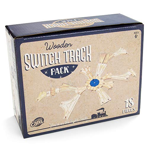 switch track wooden train set 18 pcs - 8 way turntable rail station accessory curved switch tracks basic and advanced pieces - expansion compatible with all major classic toy train hobby brands